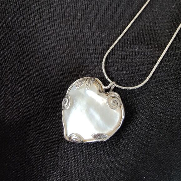 Sterling Silver  Heart Shaped Genuine Mother of Pearl Necklace - Picture 6 of 13